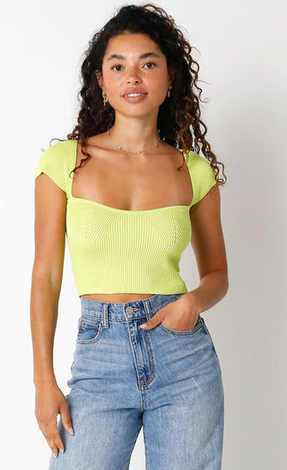 Emma Honeydew Cap Sleeve Sweater Crop Top - Lime Green - Front View