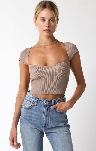Emma Khaki Cap Sleeve Sweater Crop Top - Front View