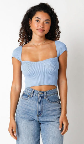 Emma Light Blue Cap Sleeve Sweater Crop Top - Front View