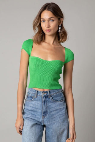 Emma Light Green Cap Sleeve Sweater Crop Top - Front View