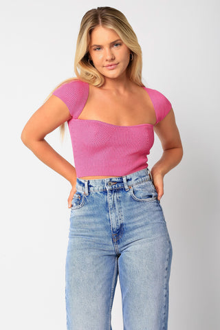 Emma Fuchsia Cap Sleeve Sweater Crop Top - Front View