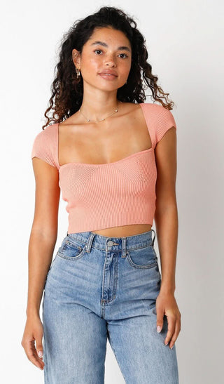 Emma Melon Cap Sleeve Sweater Crop Top - Front View