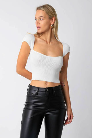 Emma Ivory Cap Sleeve Sweater Crop Top - Front View