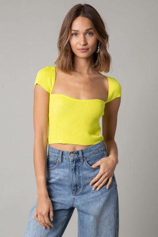 Emma Lemon Cap Sleeve Sweater Crop Top - Front View