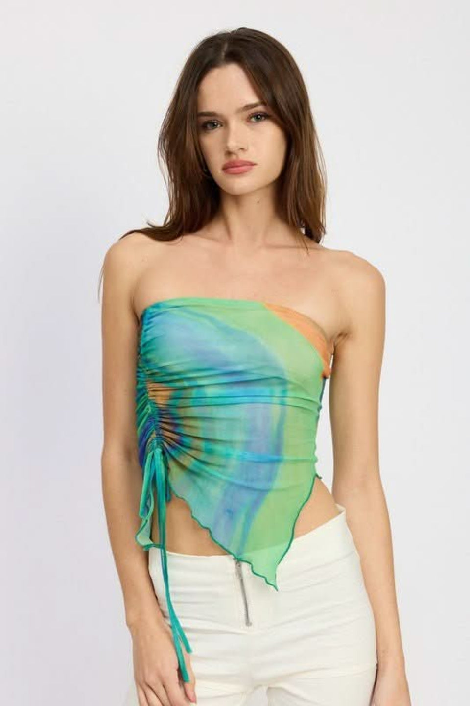 Emmy Green Watercolor Print Strapless Asymmetrical Mesh Top - sheer summer going out top with side ruched drawstring and handkerchief hem.