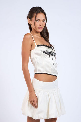 Emery White Satin Lace Cami Top with bustier top and black lace trim