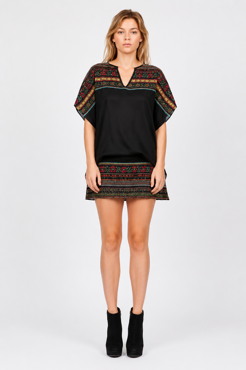 En Créme Black Embroidered Kimono Tunic Dress outfit view