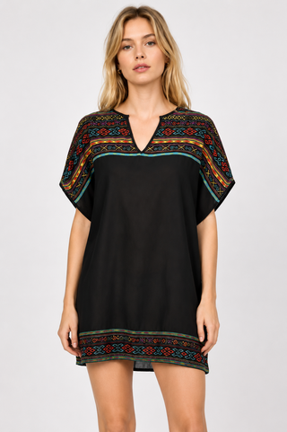 En Créme Black Embroidered Kimono Tunic Dress front view