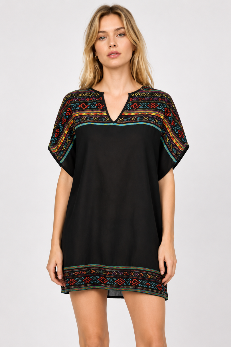 En Créme Black Embroidered Kimono Tunic Dress front view