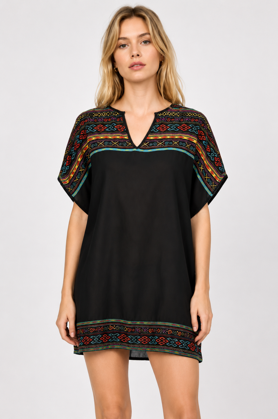 En Créme Black Embroidered Kimono Tunic Dress front view