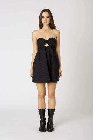 Black eyelet strapless dress with twist-knot front and cutout | Boho Pink