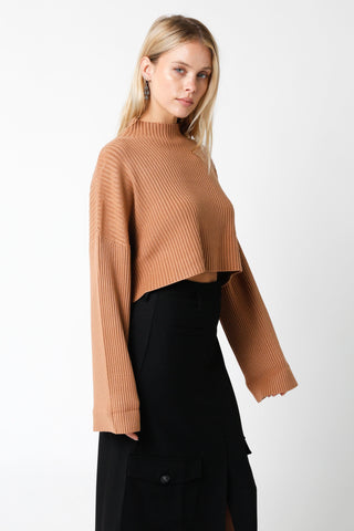 Mocha Ribbed Knit Mock Neck Sweater With Bell Sleeves