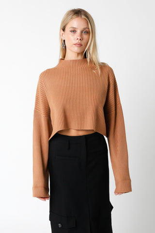 East Side Mocha Ribbed Knit Mock Neck Sweater - Front View