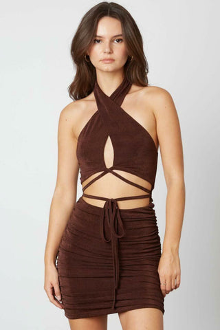 Brown halter bodycon mini dress for nights out