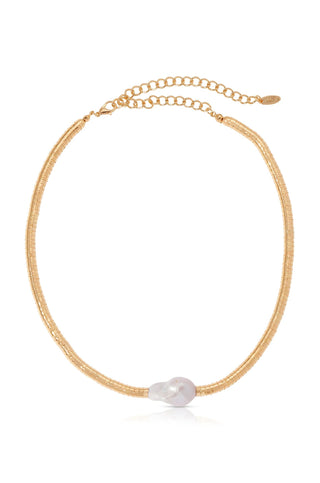 Ettika Liquid Gold and Pearl Choker on a white backgound