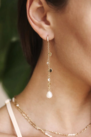 Ettika Delicate Dangle Freshwater Pearl Earrings on model