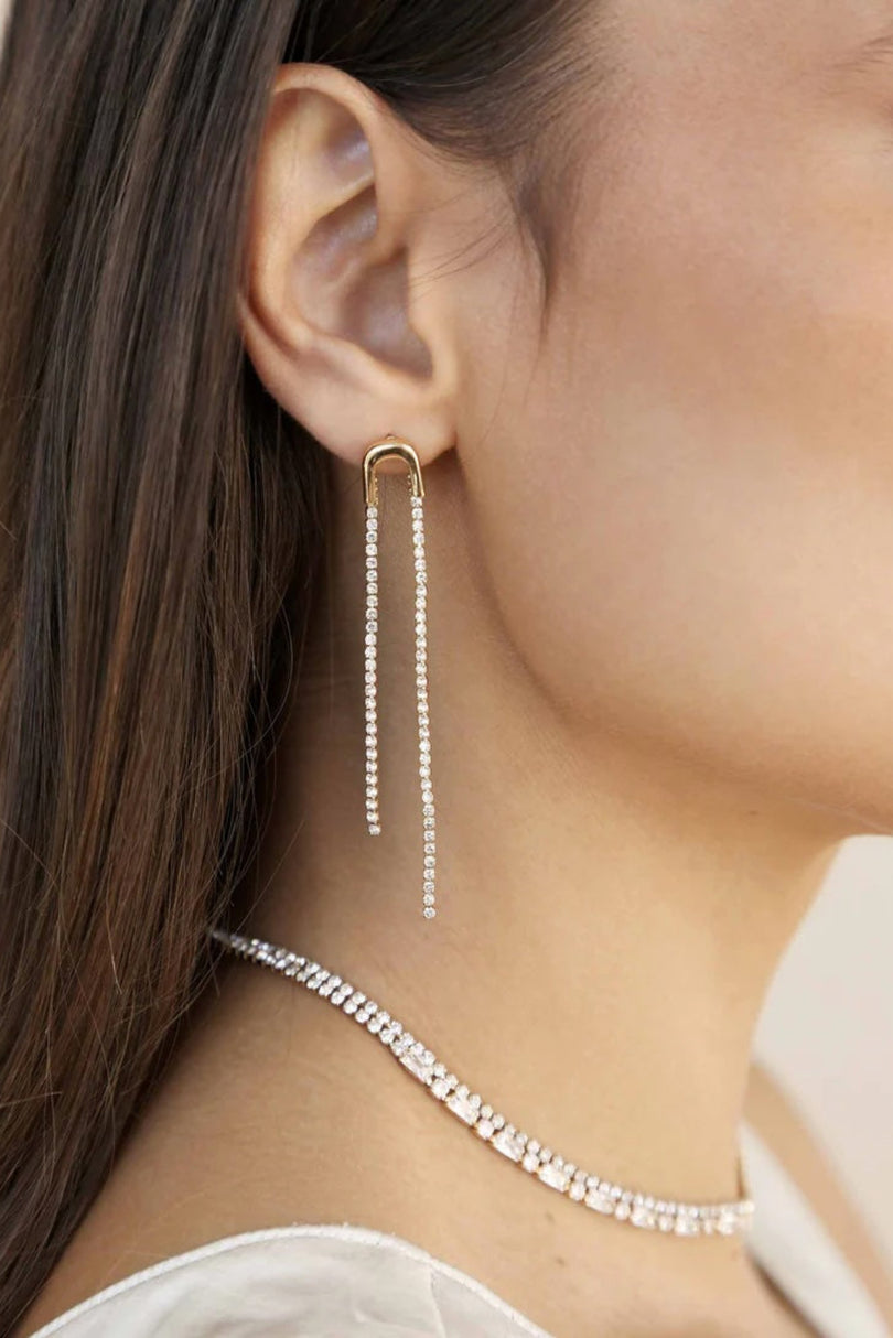 Ettika Double Chain Crystal Drop Earrings close-up