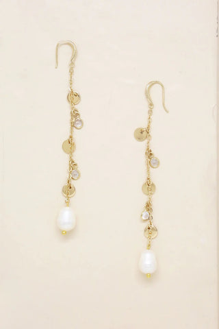 Ettika gold freshwater pearl drop earrings flat lay
