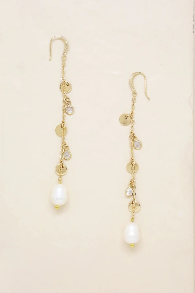 Ettika gold freshwater pearl drop earrings flat lay