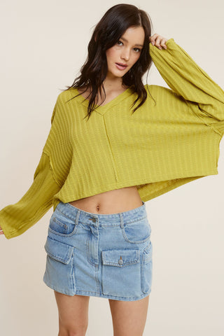 All The Way Green Long Sleeve Crop Top - Front View