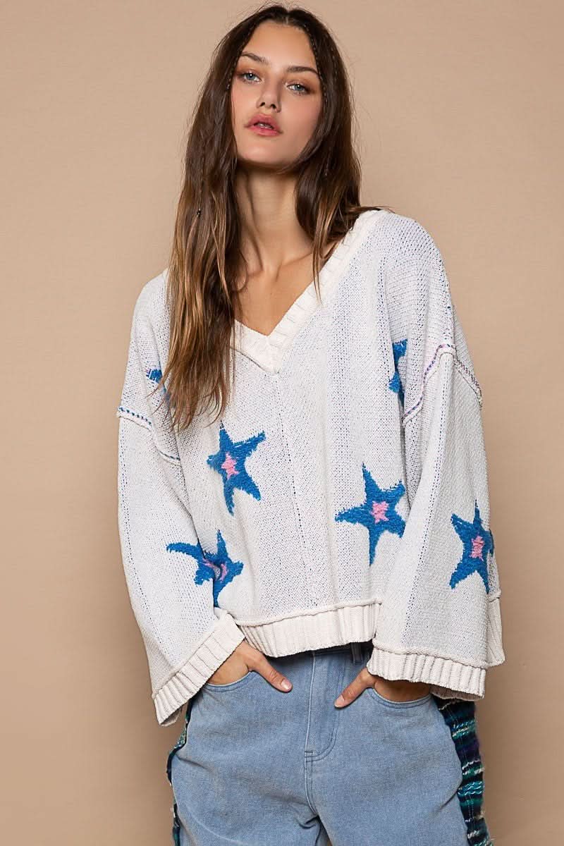 Cream oversized blue star sweater - Front View