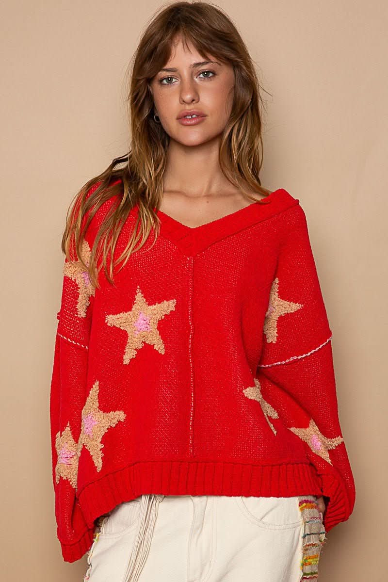 Red Oversized V Neck Star Sweater - Front View