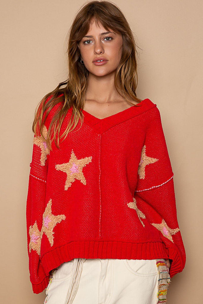 Red Oversized V Neck Star Sweater