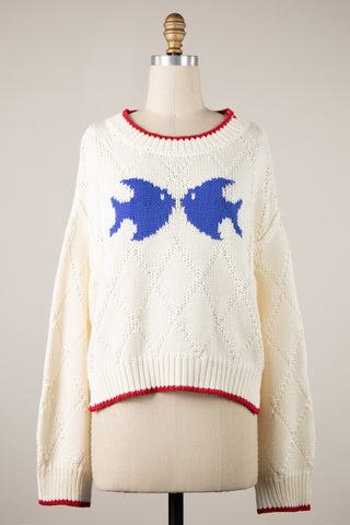 Fisherman Cream Oversized Knit Sweater for Women - Kissing Fish Design