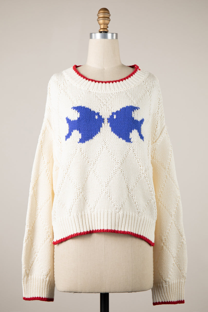 Fisherman Cream Oversized Fish Sweater, with kissing fish