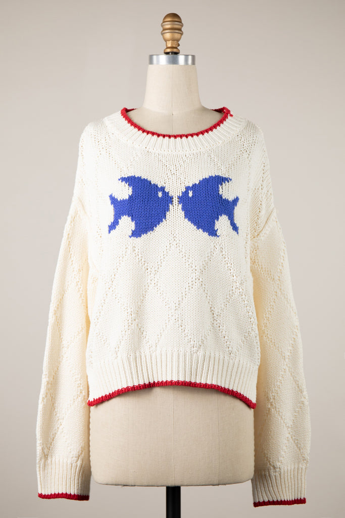 Fisherman Cream Oversized Fish Sweater - Front View