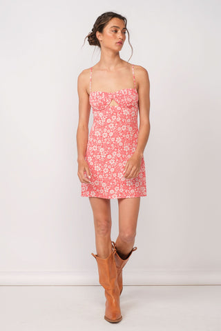 Red Floral Underwire Corset Cami Mini Dress with Cowgirl Boots - Outfit View