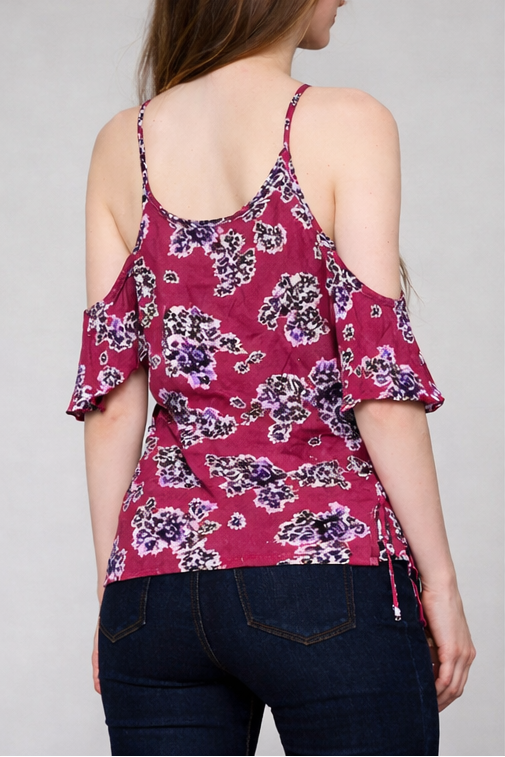 Sweet Bloom Wine Floral Print Cold Shoulder Top - Back View