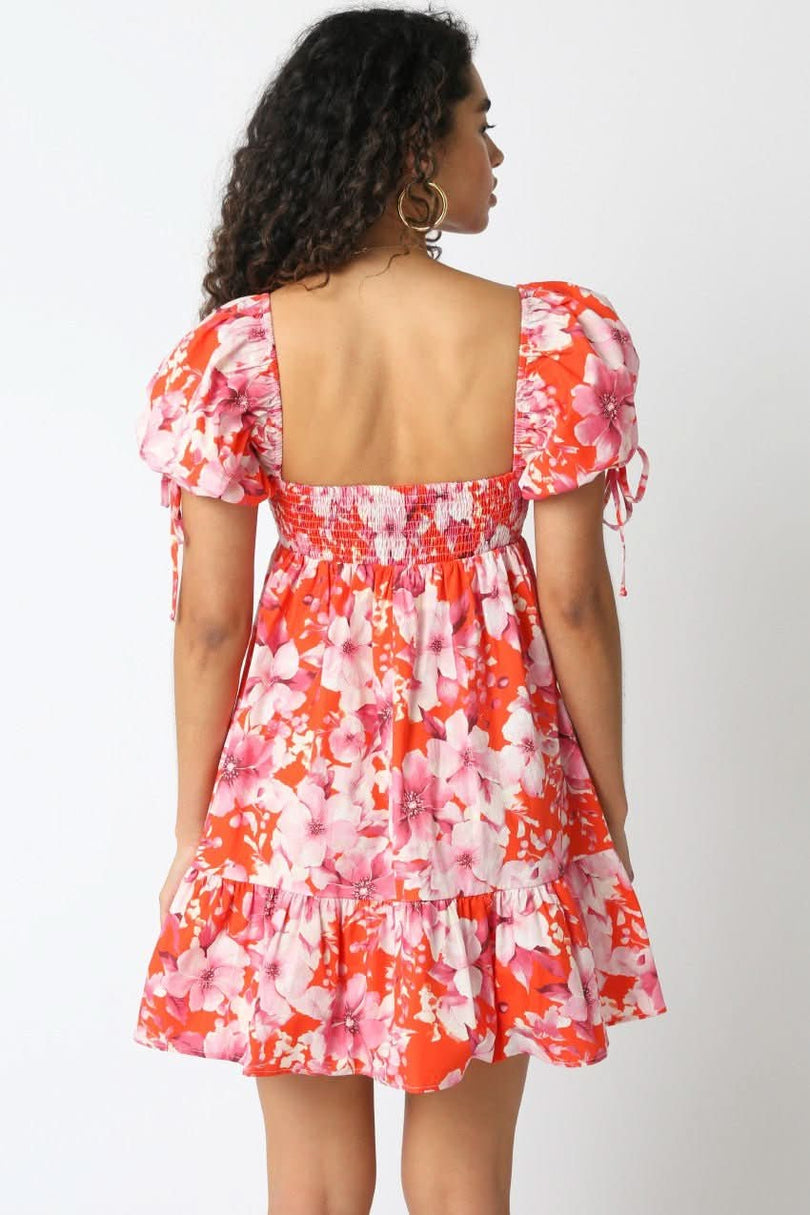 Orange & Pink Floral Babydoll Mini Dress styled for floral homecoming dresses