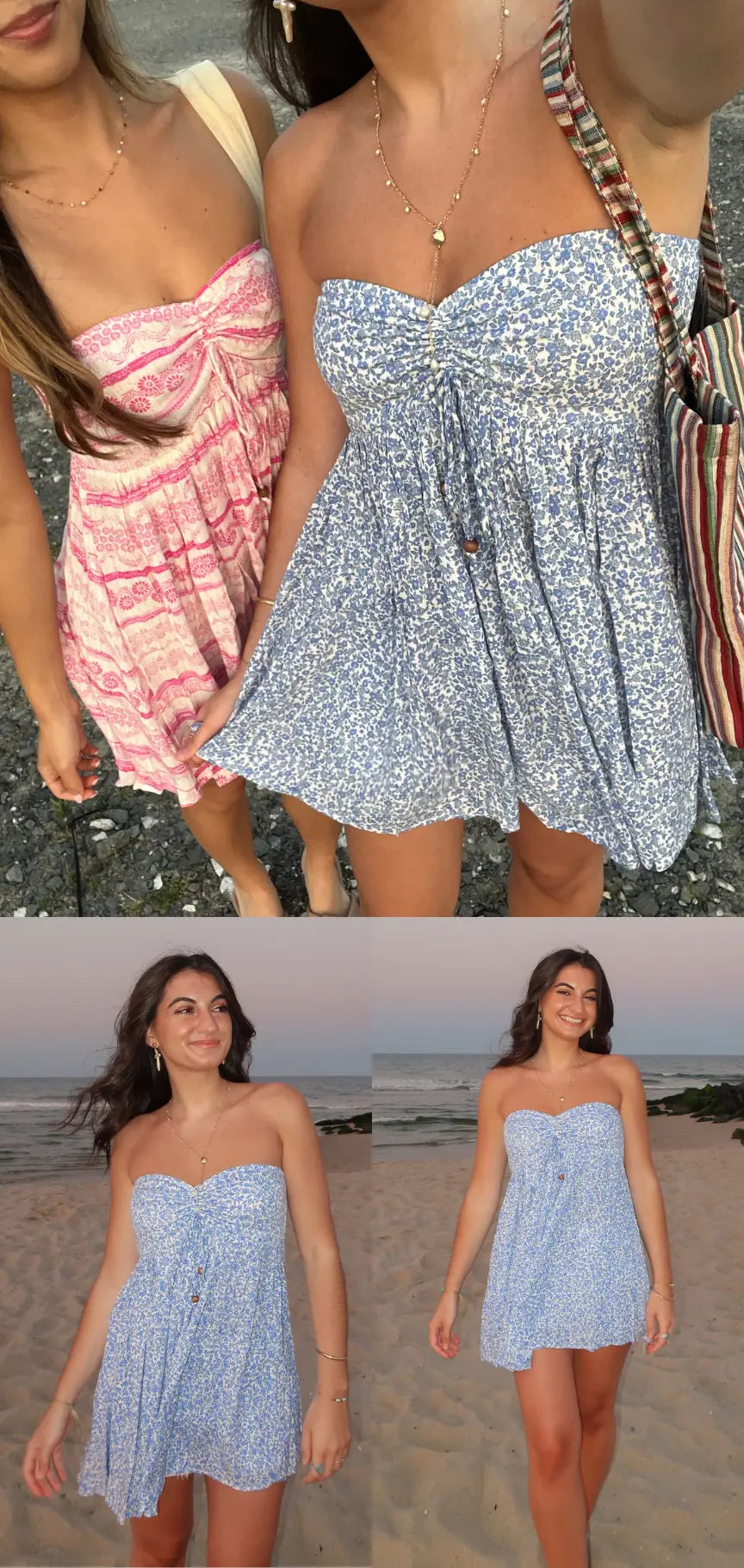 A collage showing a woman wearing a strapless mini dress on a beach. The top panel shows a close-up of the dress with two other women beside it, and the bottom panel shows two full-body views of the woman wearing the same light blue patterned dress on the sand.