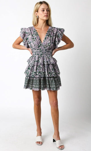 Jodie Green Floral Tiered Ruffle Mini Dress - Outfit View
