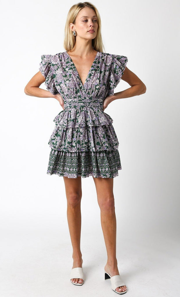 Green Floral Tiered Ruffle Mini Dress