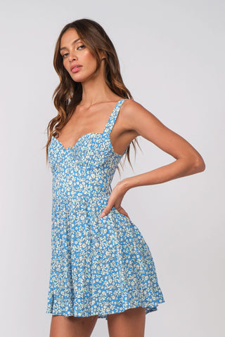 Blue floral bustier fit and flare mini dress - front - side