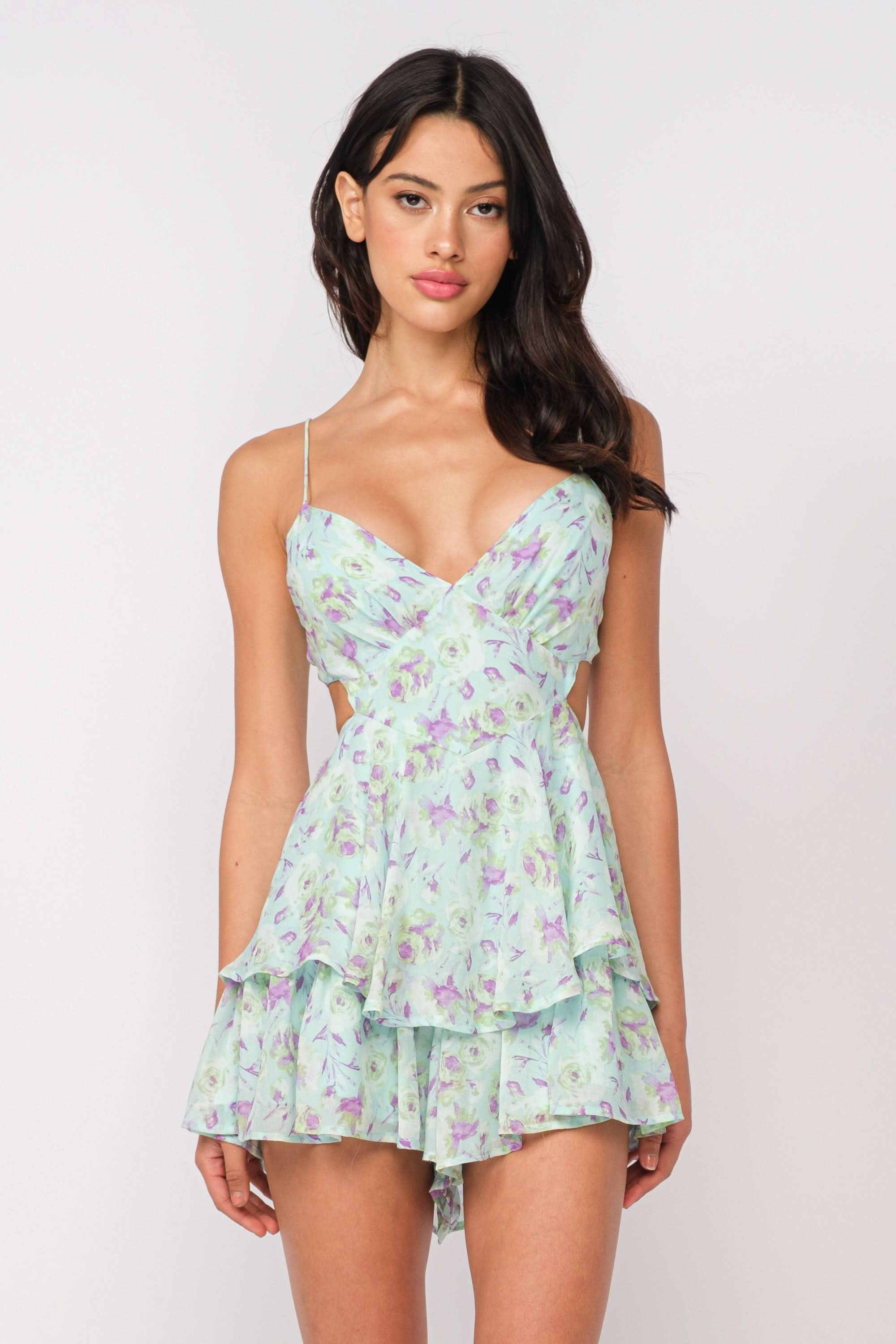 Aristea Mint Floral Cutout Romper Dress | Boho Pink Aristea Mint Floral Cutout Romper Dress | Boho Pink