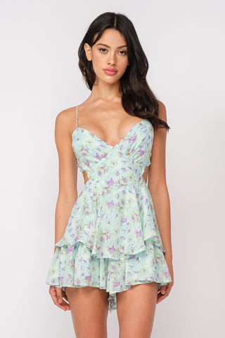 Aristea Mint Floral Cutout Romper Dress front view | Boho Pink