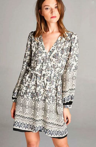 Taupe and cream floral long sleeve wrap mini dress | Boho Pink