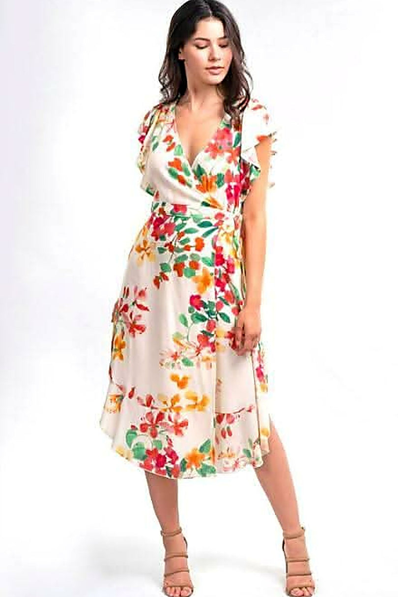 floral wrap midi dress angled front view