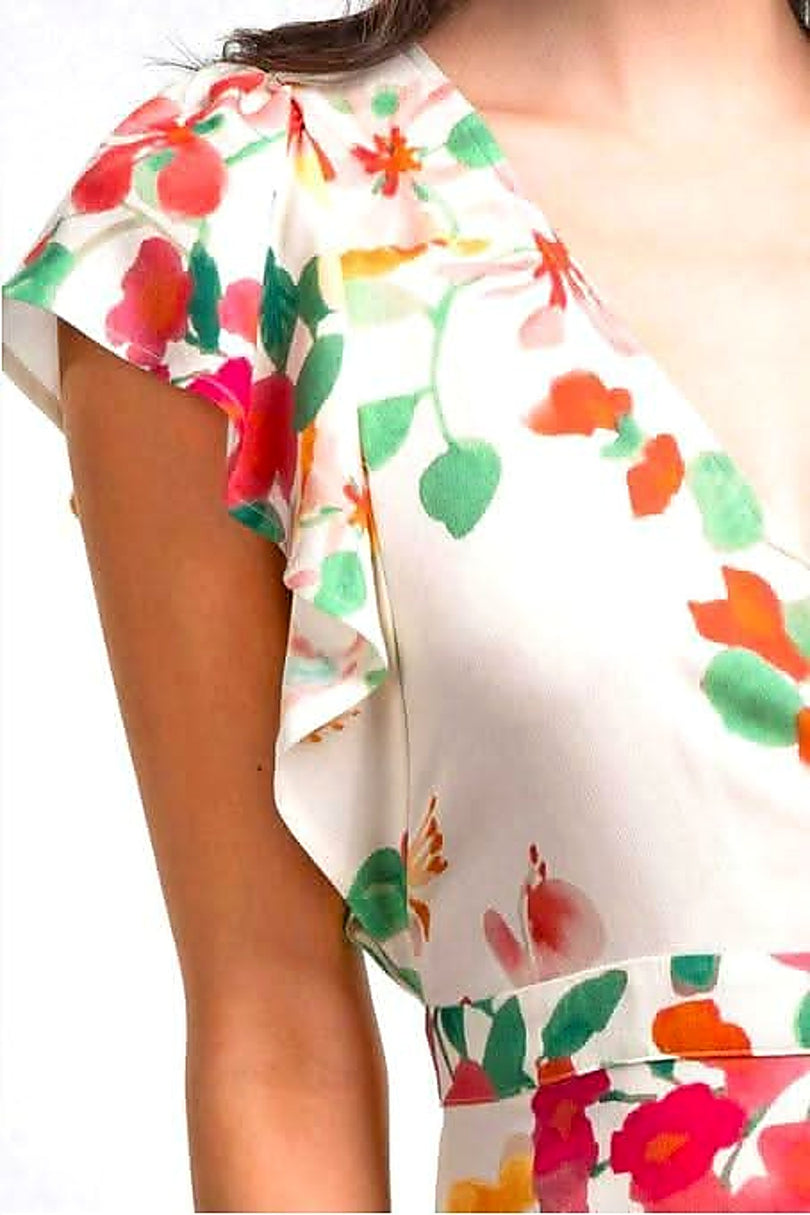 floral wrap midi dress ruffle sleeve detail