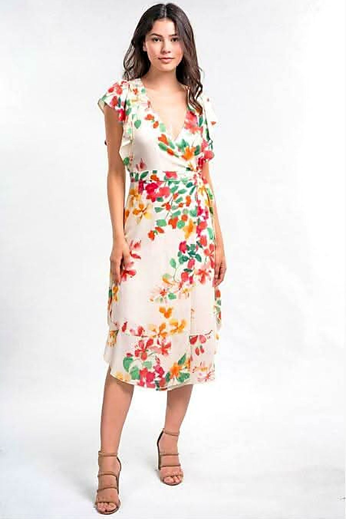 Cream Floral Wrap Midi Dress