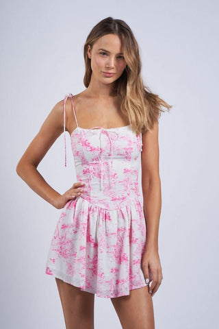 Pink and white floral mini dress with tie straps - Dolly Dress by Boho Pink