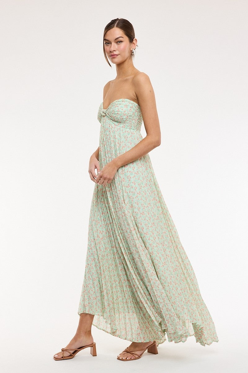 Flowy strapless maxi dress in a light green floral print