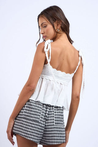 Self-Tie Adjustable Straps on White Crochet Babydoll Crop Top - Back View | Boho Pink