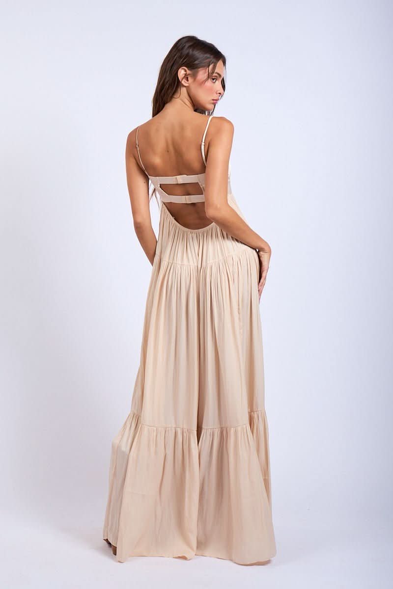 Blaire Nude Satin Tiered Maxi Dress from our cute formal dresses