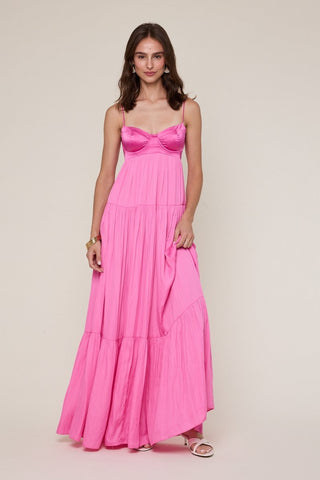 Formal pink satin corset maxi dress with flowy skirt