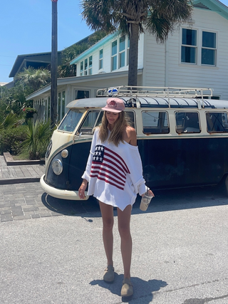 Land of Free White Oversized American Flag Sweater - Front View