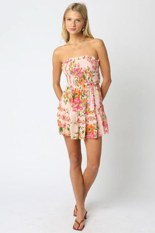 Fresia pink floral strapless mini dress front view